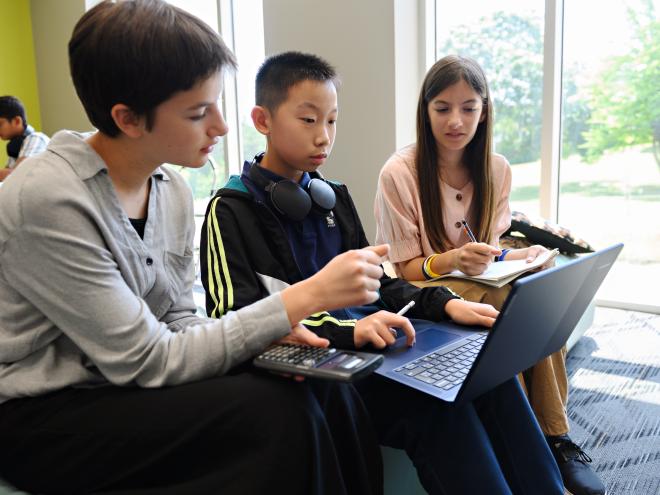 Students collaborating over a math project